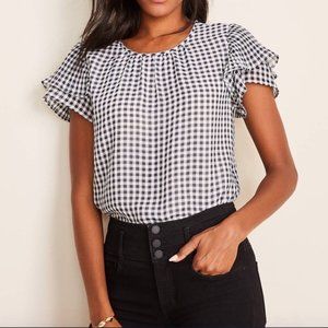 Ann Taylor Black & White Gingham Pleated Sleeve Blouse Medium